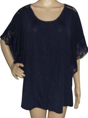 Emily Stacy Blouse Womens 3XL Navy Blue lace trim scoop neck short sleeve